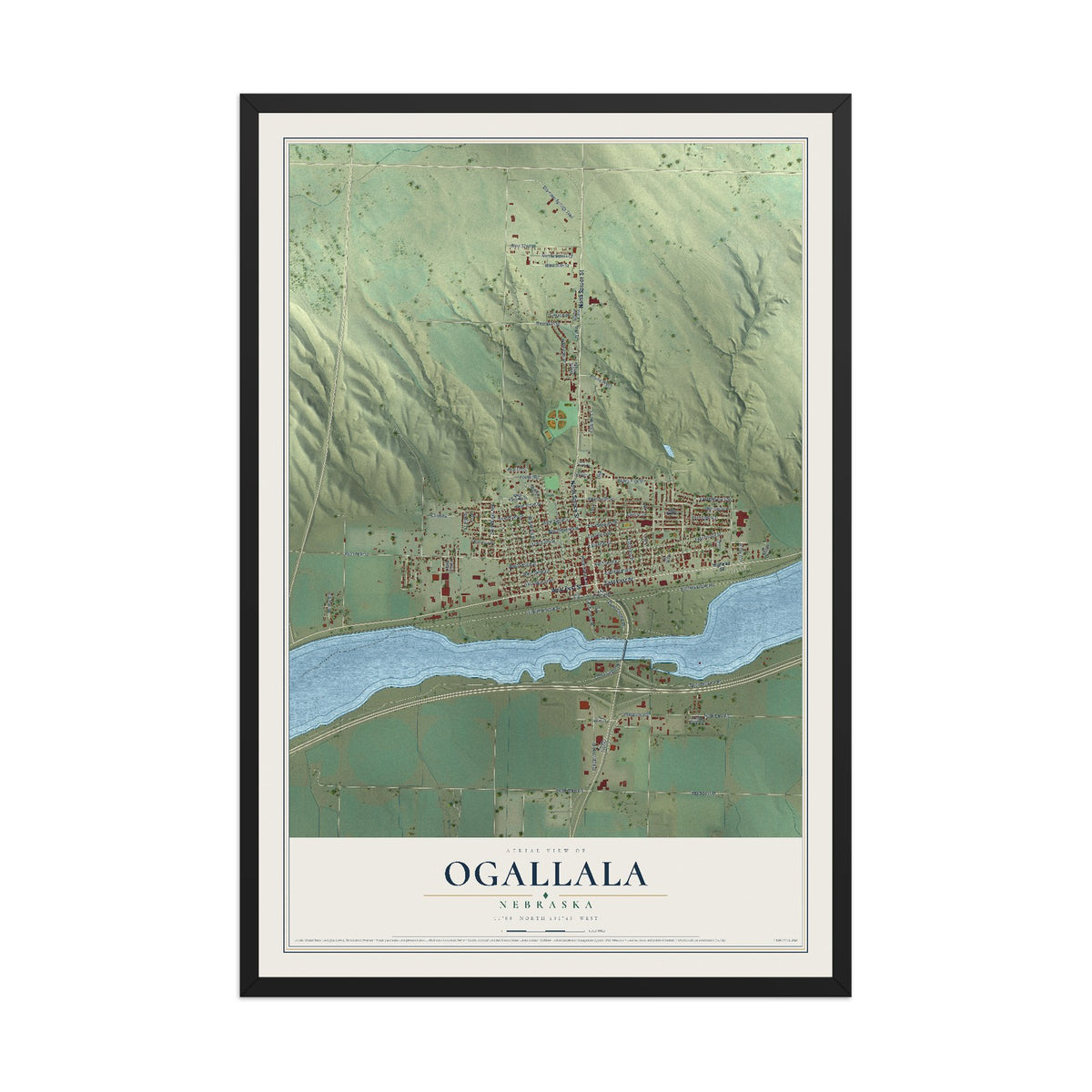 Map of Ogallala, Nebraska, 12 x 18 inch print in a black wood frame