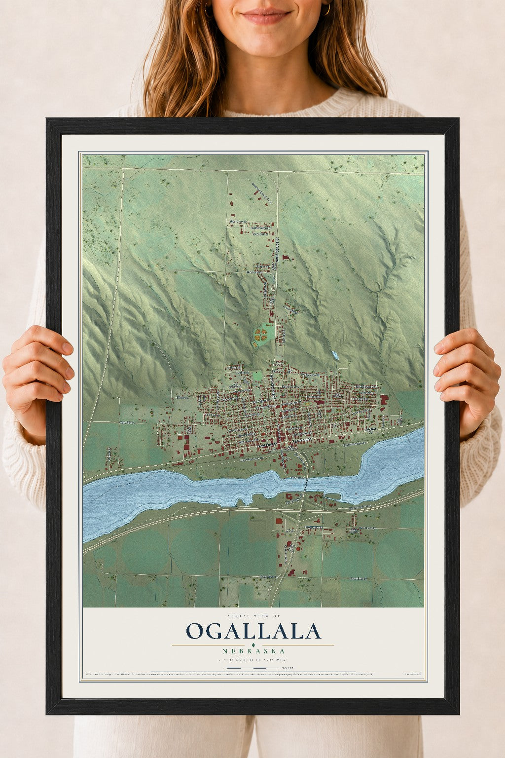 Map of Ogallala, Nebraska, 18 x 24 inch print in a black wood frame
