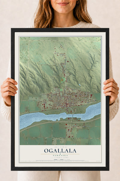 Map of Ogallala, Nebraska, 18 x 24 inch print in a black wood frame