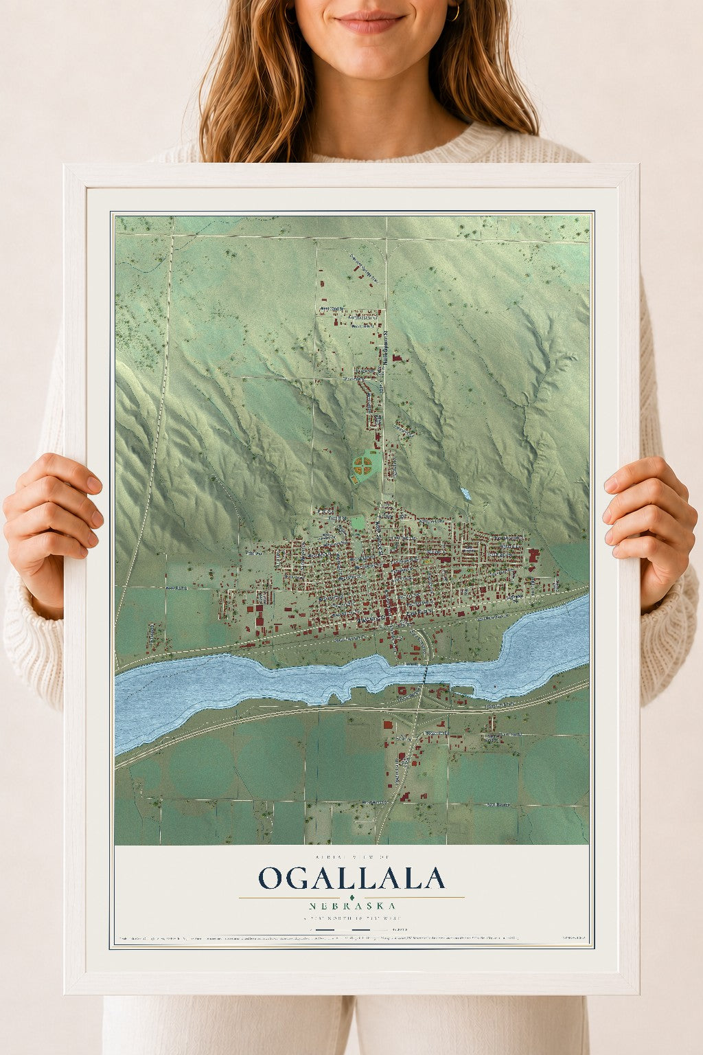 Map of Ogallala, Nebraska, 18 x 24 inch print in a white wood frame