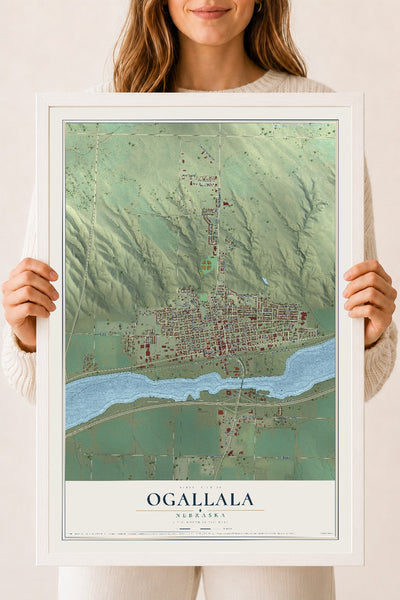 Map of Ogallala, Nebraska, 18 x 24 inch print in a white wood frame