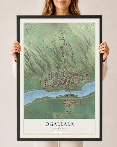Map of Ogallala, Nebraska, 24 x 36 inch print in a black wood frame