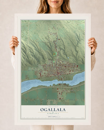 Map of Ogallala, Nebraska, 24 x 36 inch print in a white wood frame