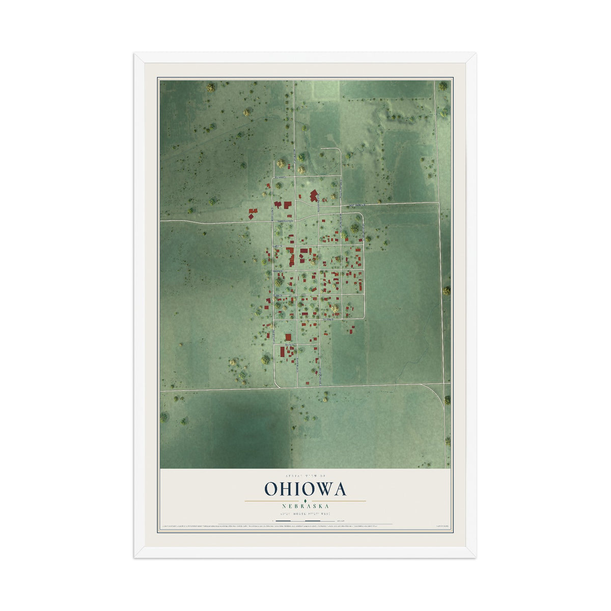 Map of Ohiowa, Nebraska, 12 x 18 inch print in a white wood frame