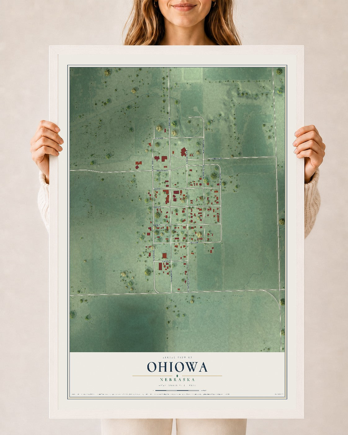 Map of Ohiowa, Nebraska, 24 x 36 inch print in a white wood frame