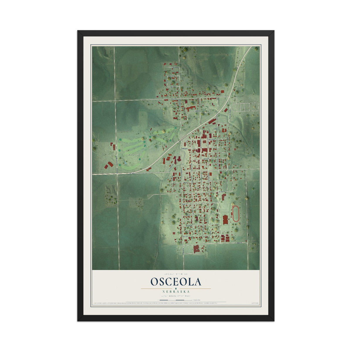 Map of Osceola, Nebraska, 12 x 18 inch print in a black wood frame