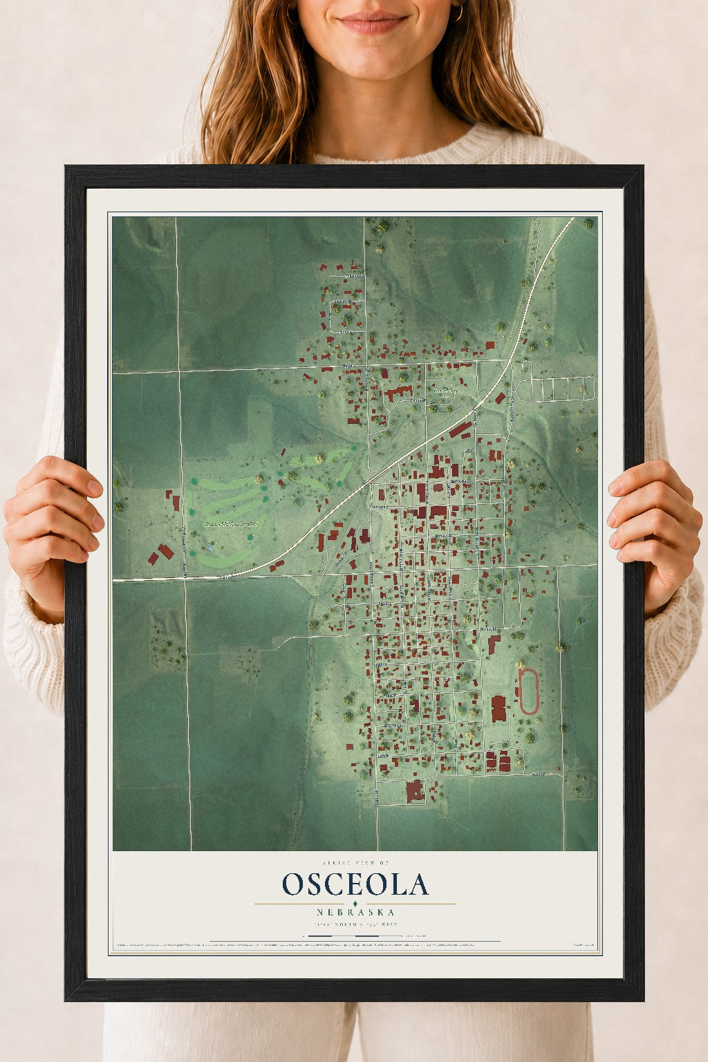 Map of Osceola, Nebraska, 18 x 24 inch print in a black wood frame