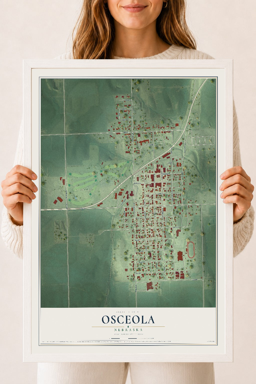 Map of Osceola, Nebraska, 18 x 24 inch print in a white wood frame
