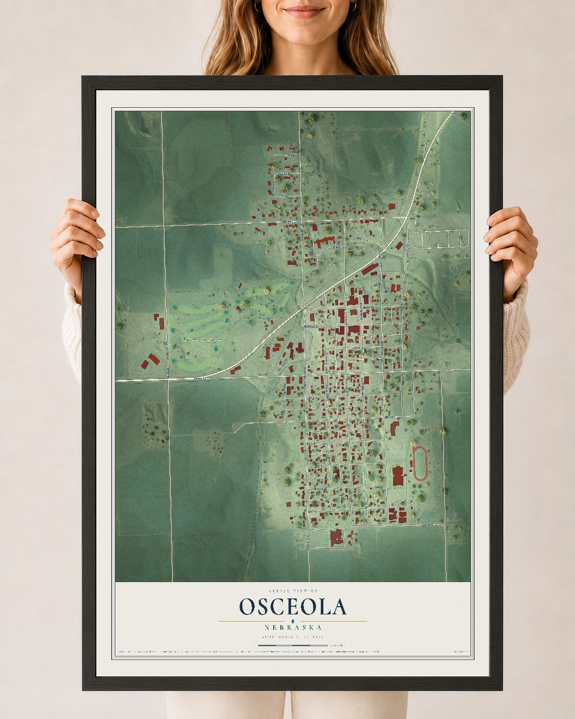 Map of Osceola, Nebraska, 24 x 36 inch print in a black wood frame