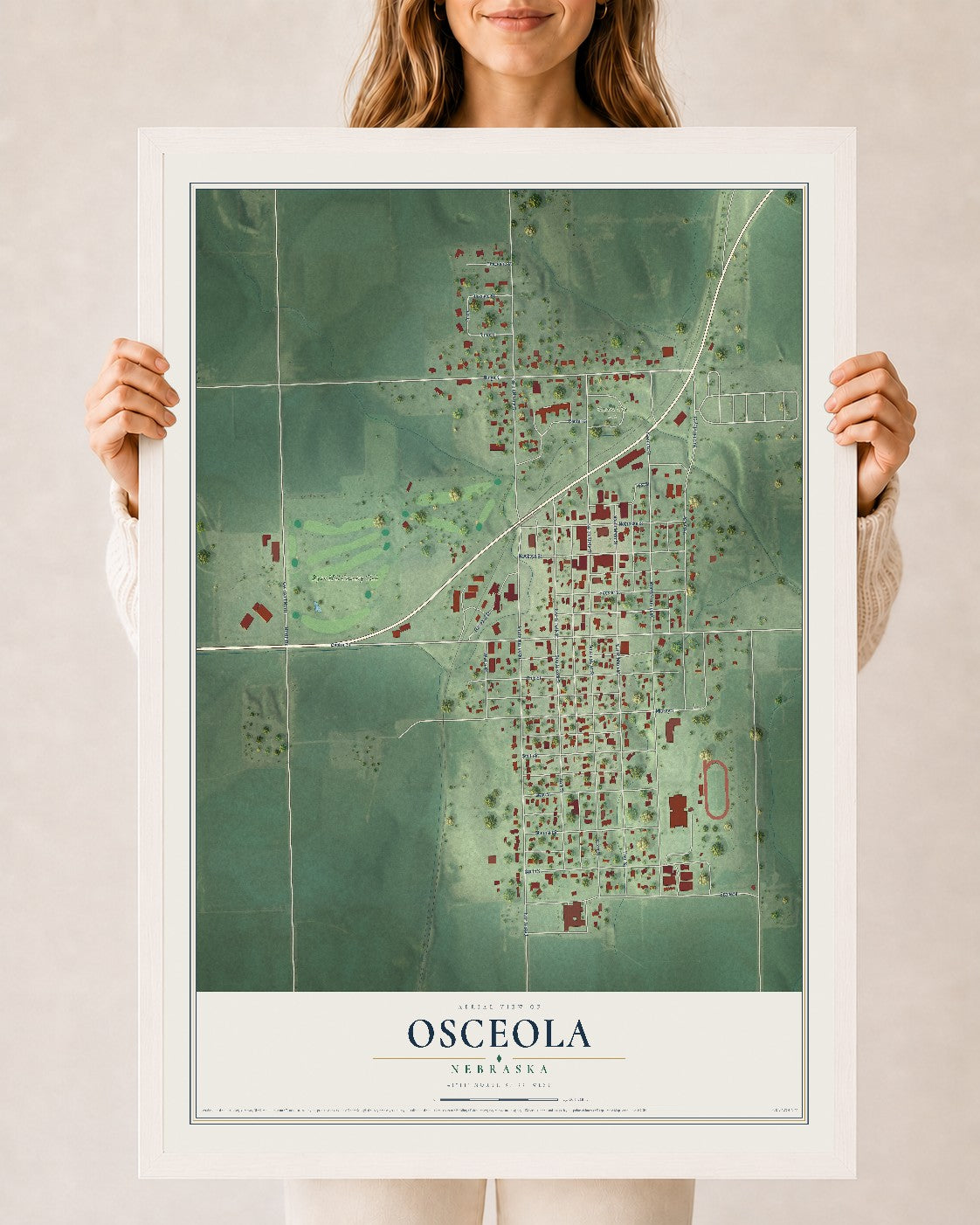 Map of Osceola, Nebraska, 24 x 36 inch print in a white wood frame