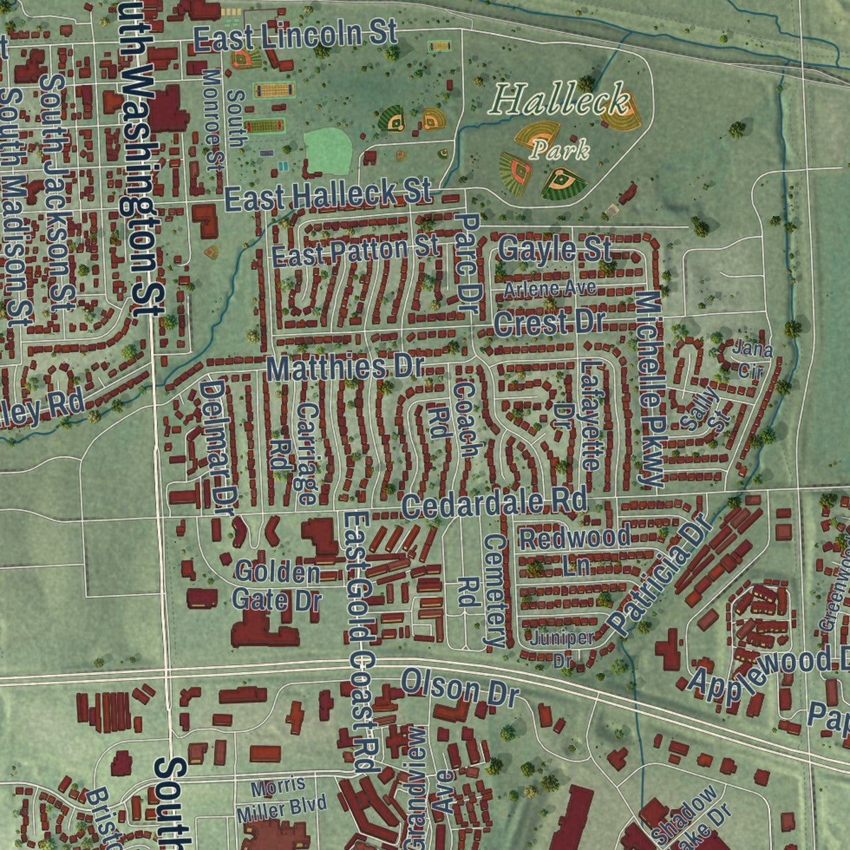 Second close-up of the map of Papillion, Nebraska print showing more streets and buildings