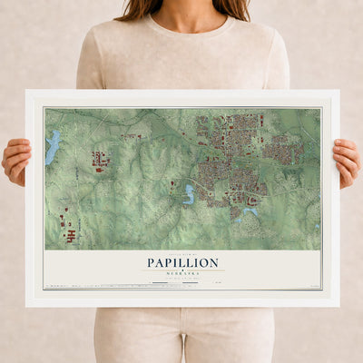 Map of Papillion, Nebraska, 12 x 18 inch print in a white wood frame