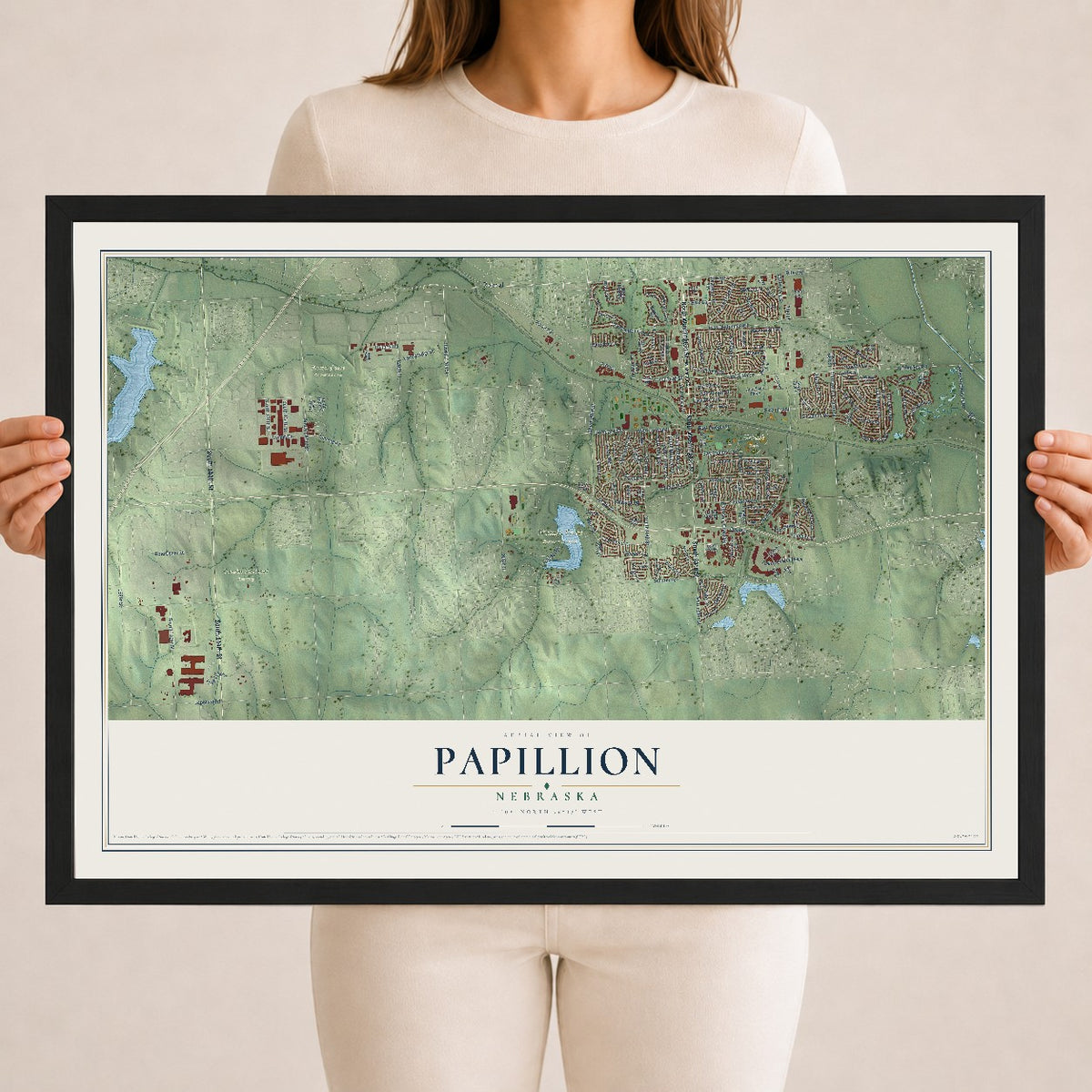 Map of Papillion, Nebraska, 18 x 24 inch print in a black wood frame