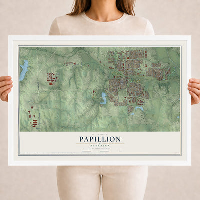 Map of Papillion, Nebraska, 18 x 24 inch print in a white wood frame