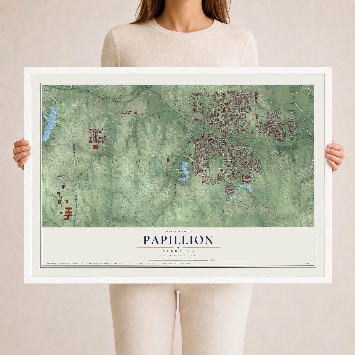 Map of Papillion, Nebraska, 24 x 36 inch print in a white wood frame