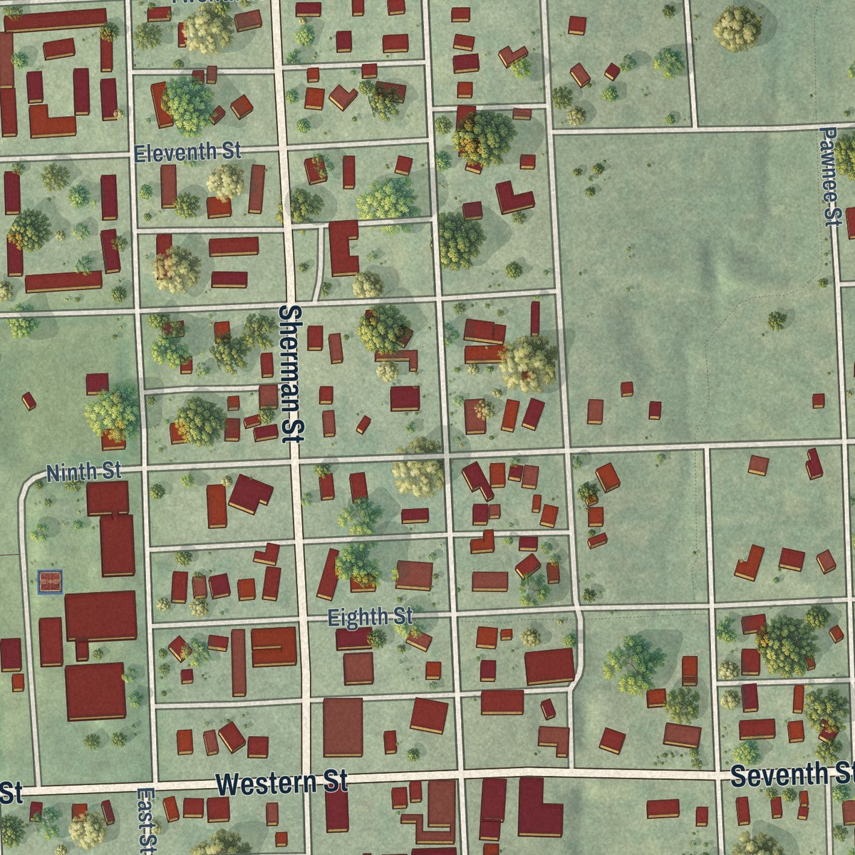 Close-up of the map of Pawnee City, Nebraska print showing street and building detail