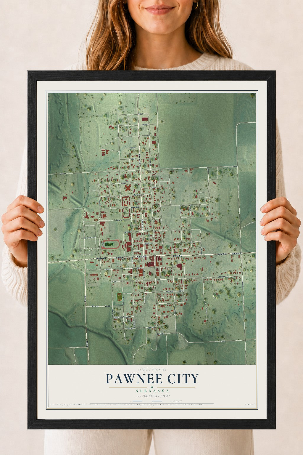Map of Pawnee City, Nebraska, 18 x 24 inch print in a black wood frame