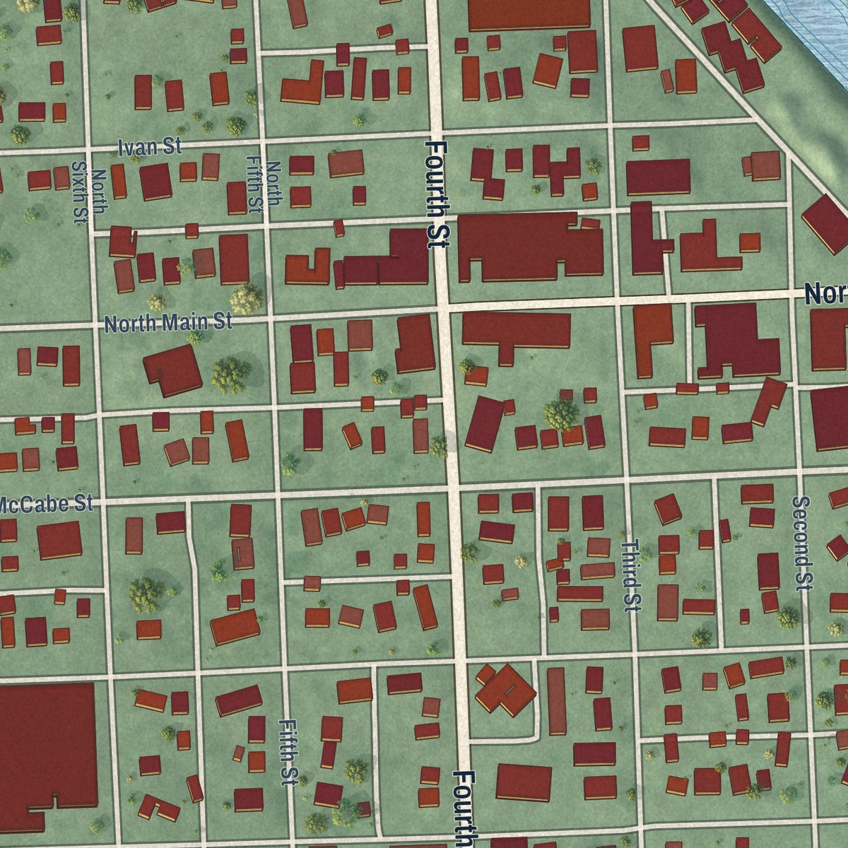 Close-up of the map of Pender, Nebraska print showing street and building detail