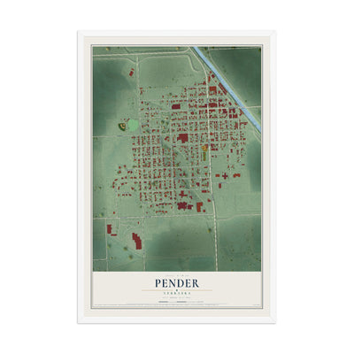 Map of Pender, Nebraska, 12 x 18 inch print in a white wood frame