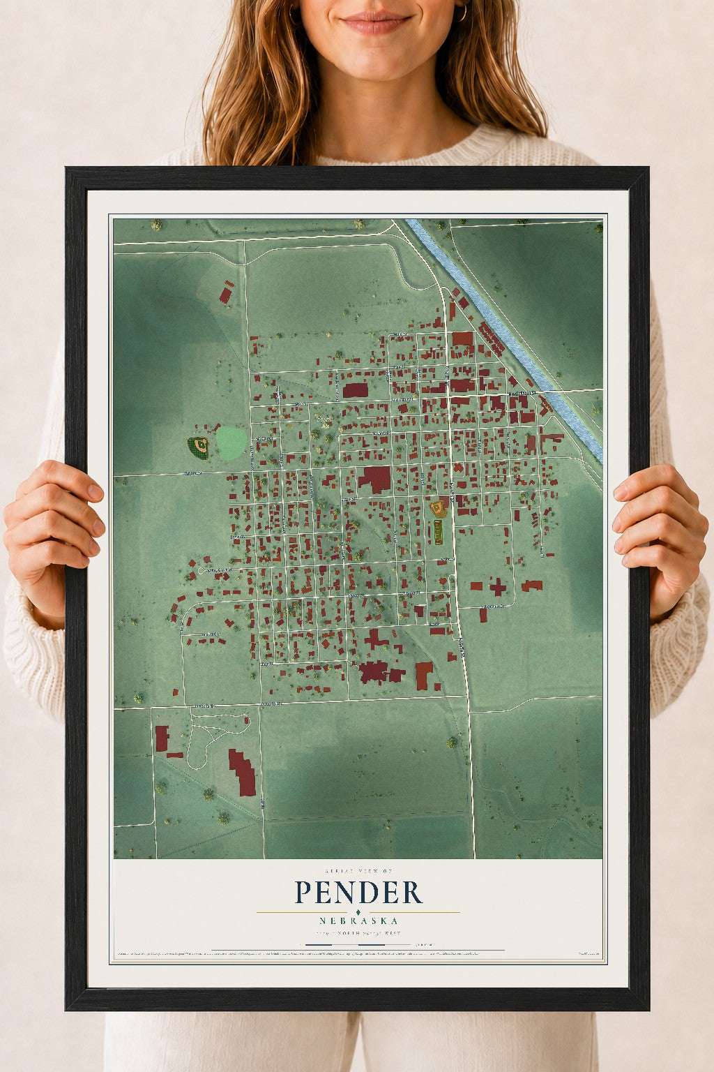 Map of Pender, Nebraska, 18 x 24 inch print in a black wood frame
