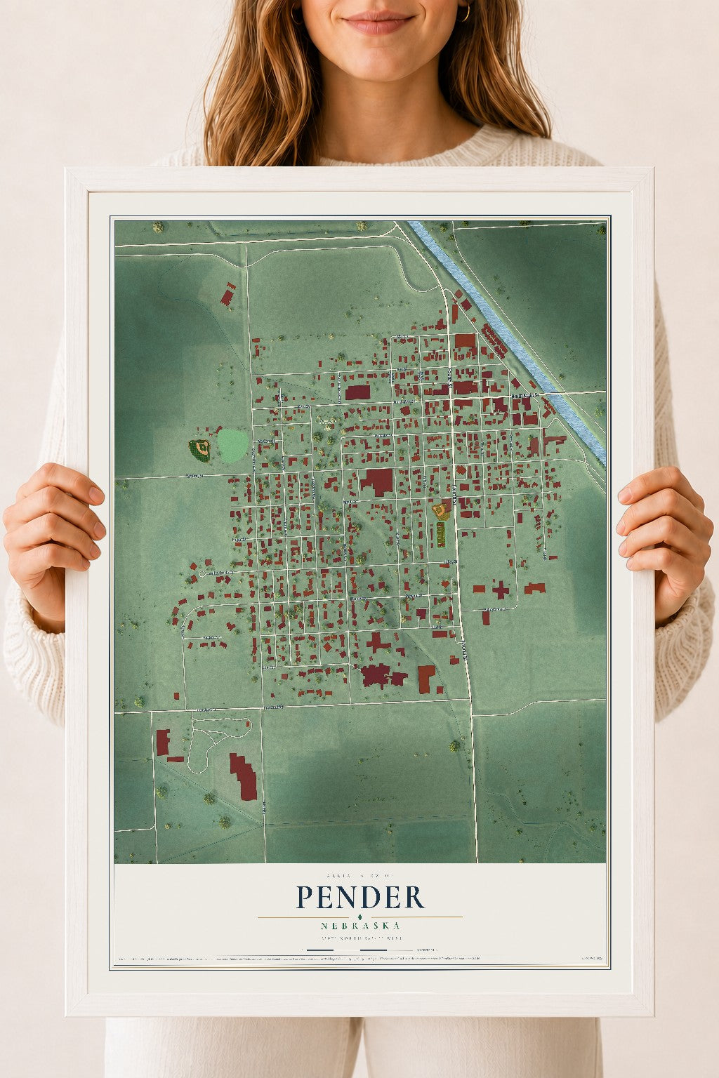 Map of Pender, Nebraska, 18 x 24 inch print in a white wood frame