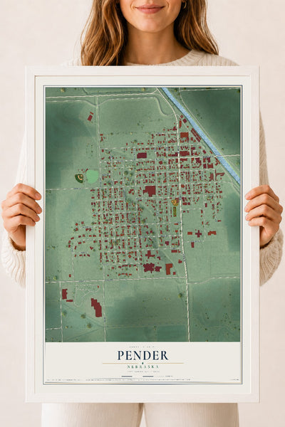 Map of Pender, Nebraska, 18 x 24 inch print in a white wood frame