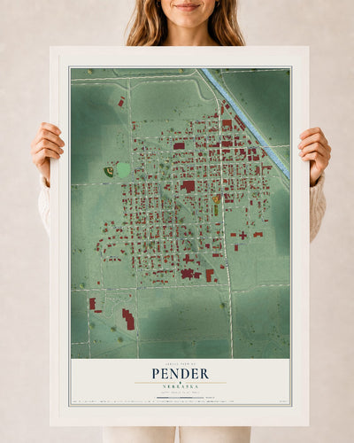 Map of Pender, Nebraska, 24 x 36 inch print in a white wood frame