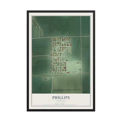 Map of Phillips, Nebraska, 12 x 18 inch print in a black wood frame
