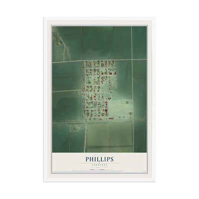 Map of Phillips, Nebraska, 12 x 18 inch print in a white wood frame