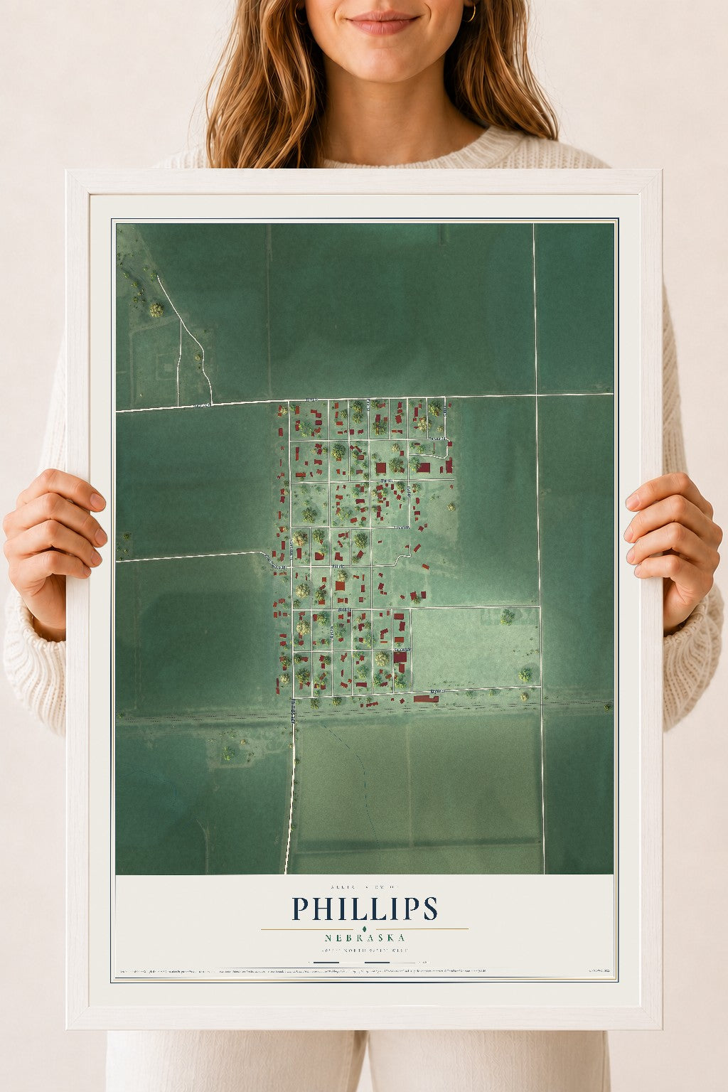 Map of Phillips, Nebraska, 18 x 24 inch print in a white wood frame