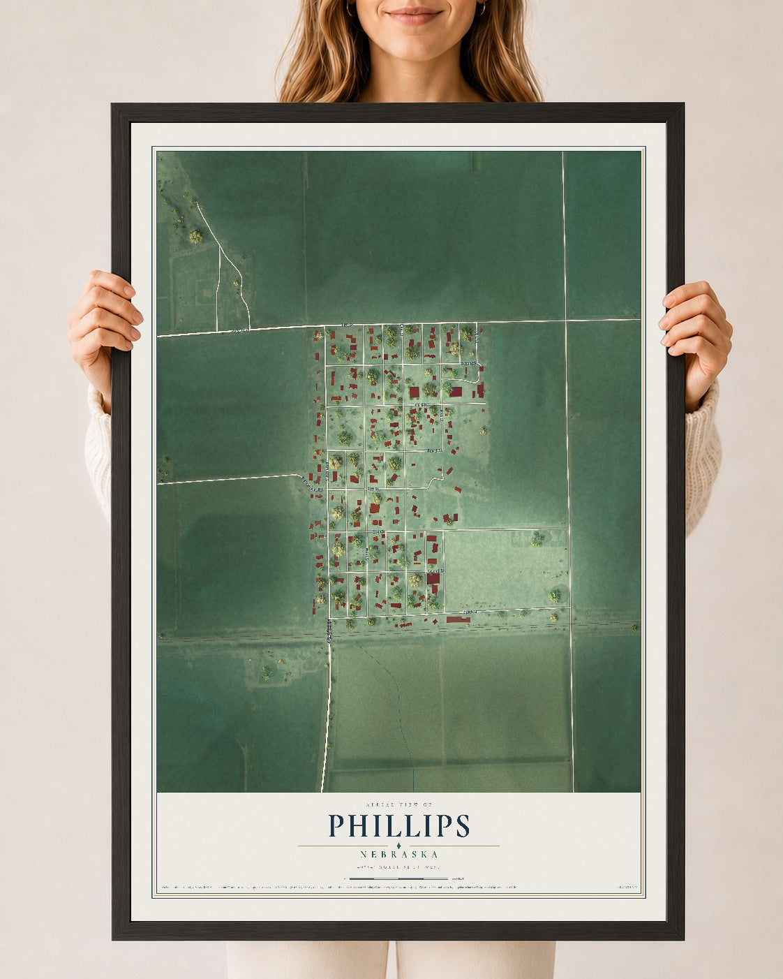 Map of Phillips, Nebraska, 24 x 36 inch print in a black wood frame