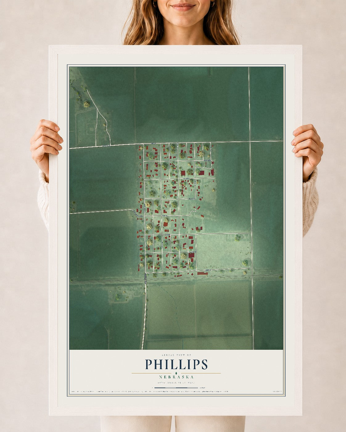Map of Phillips, Nebraska, 24 x 36 inch print in a white wood frame