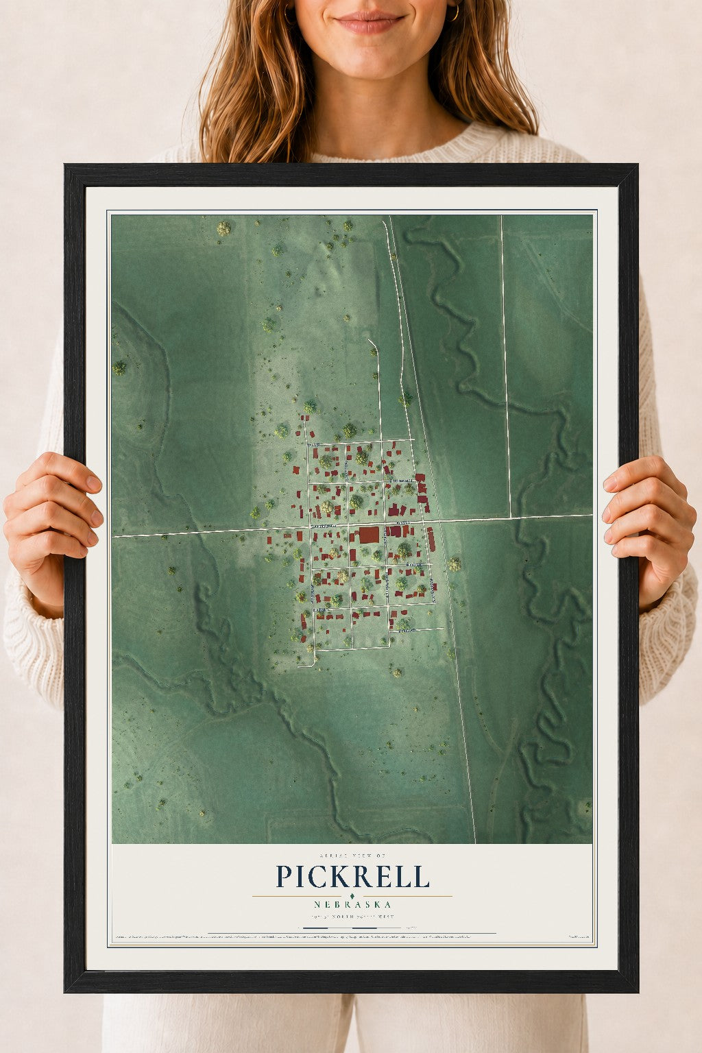 Map of Pickrell, Nebraska, 18 x 24 inch print in a black wood frame