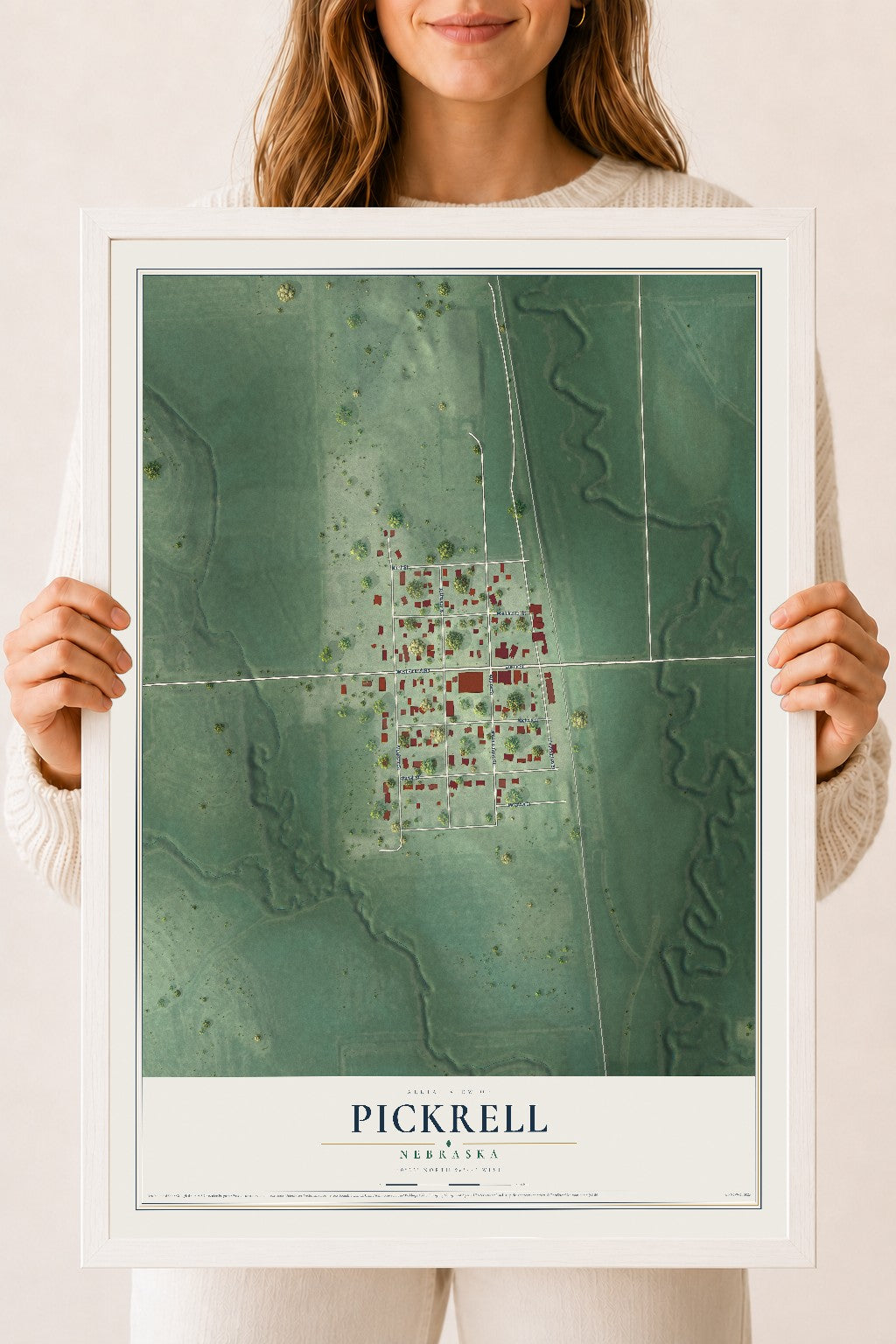 Map of Pickrell, Nebraska, 18 x 24 inch print in a white wood frame