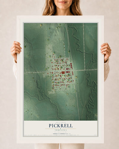 Map of Pickrell, Nebraska, 24 x 36 inch print in a white wood frame