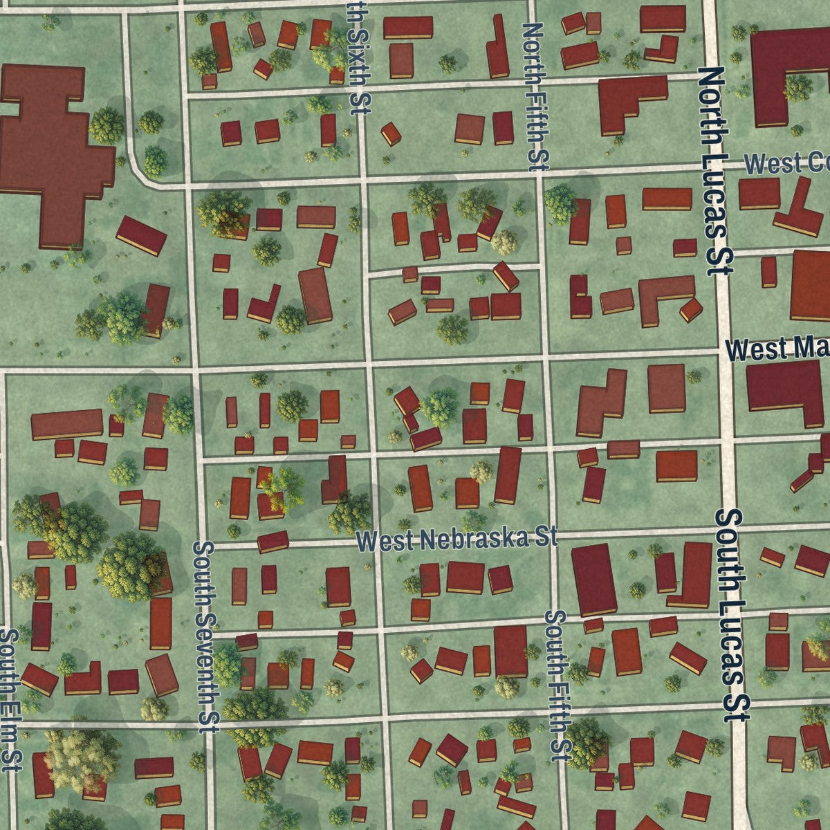 Close-up of the map of Pierce, Nebraska print showing street and building detail