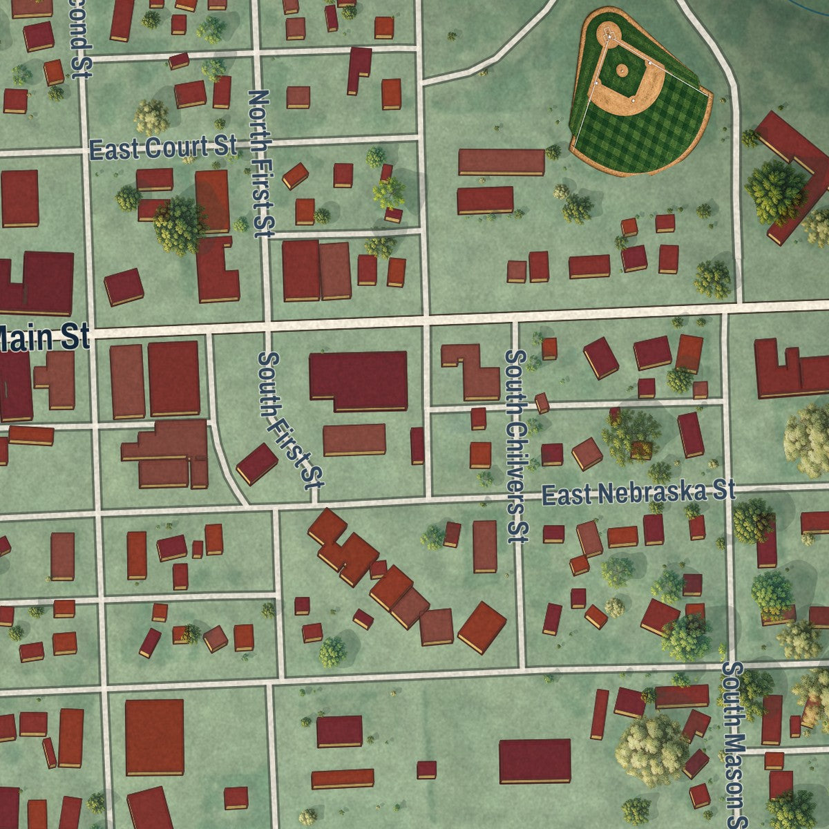Second close-up of the map of Pierce, Nebraska print showing more streets and buildings