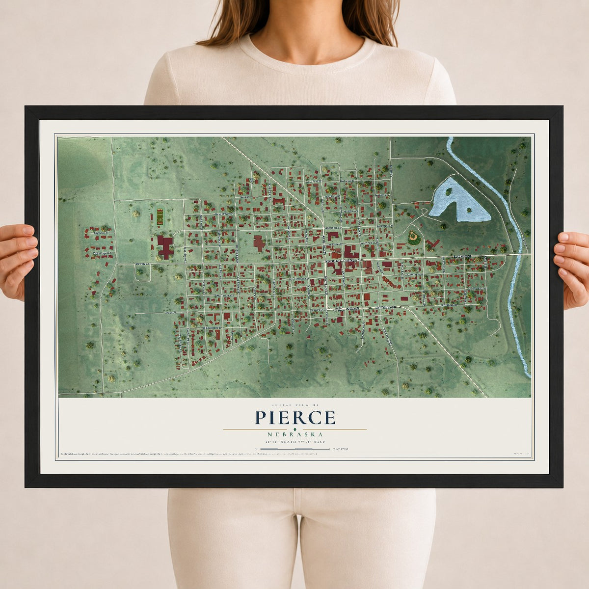 Map of Pierce, Nebraska, 18 x 24 inch print in a black wood frame