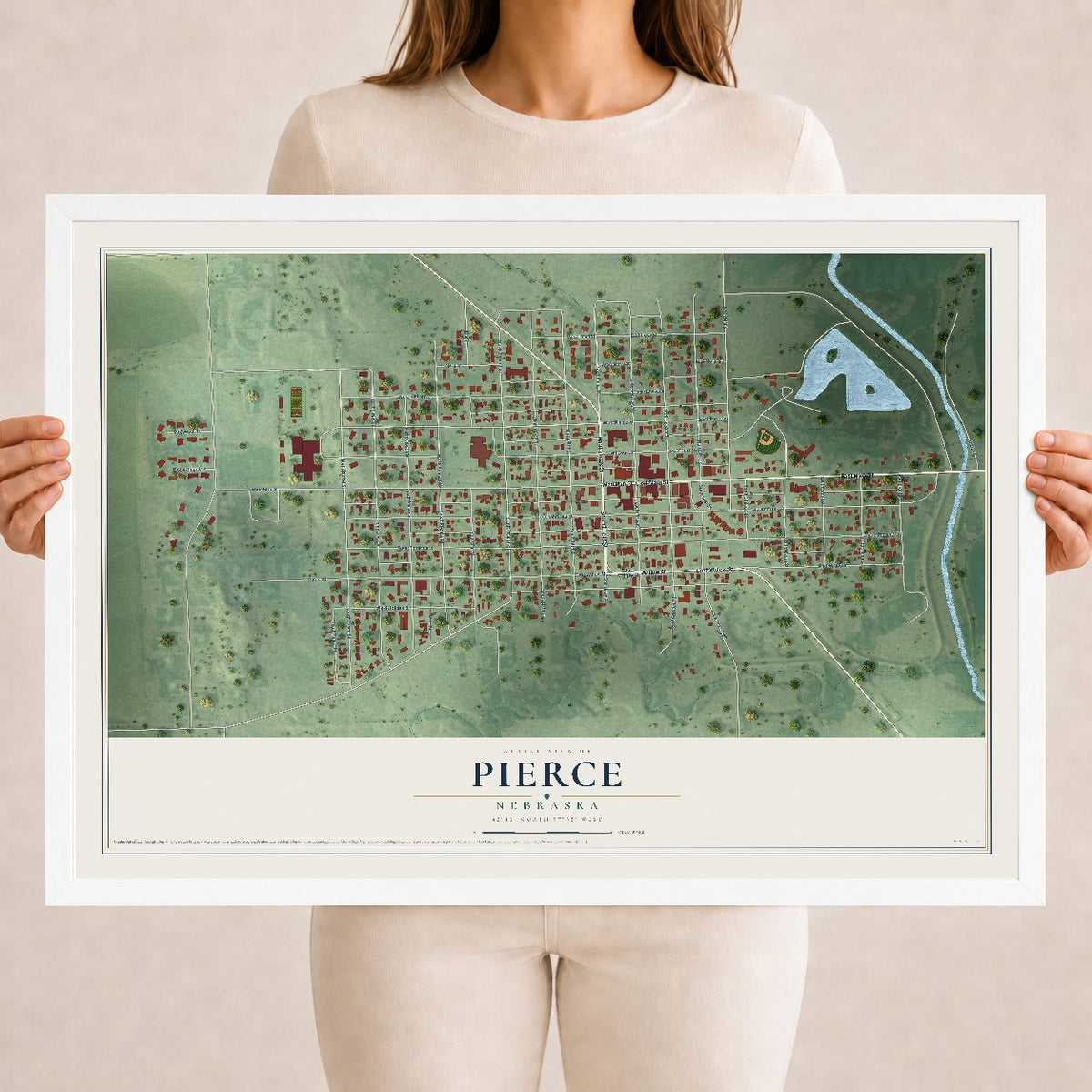 Map of Pierce, Nebraska, 18 x 24 inch print in a white wood frame