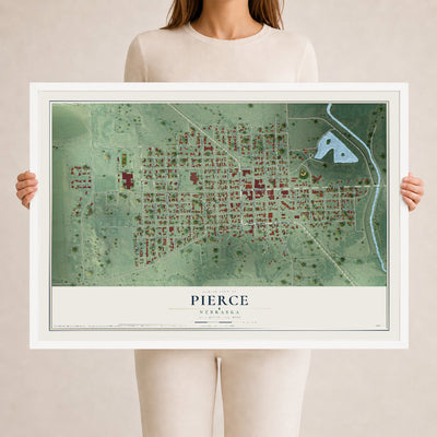 Map of Pierce, Nebraska, 24 x 36 inch print in a white wood frame