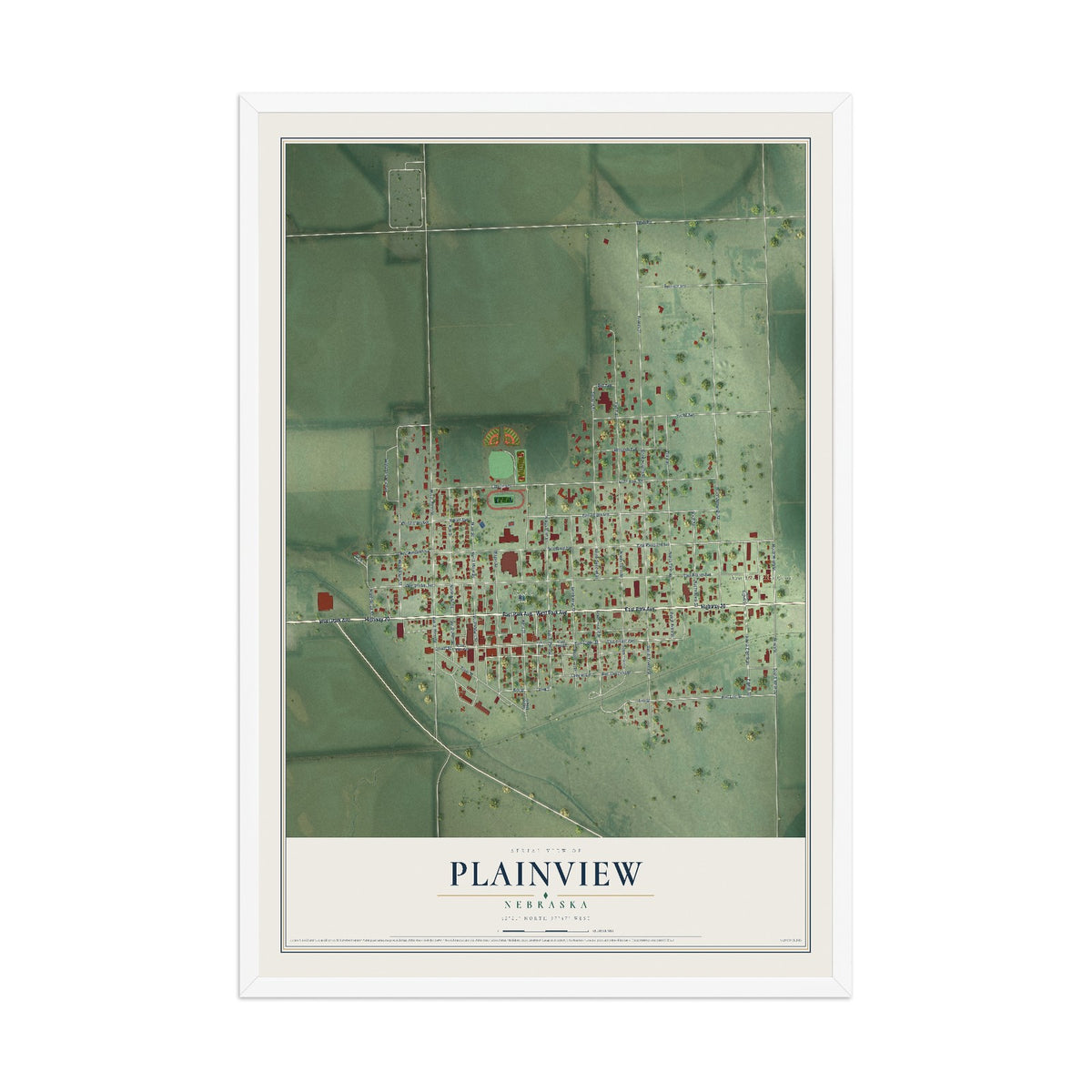 Map of Plainview, Nebraska, 12 x 18 inch print in a white wood frame