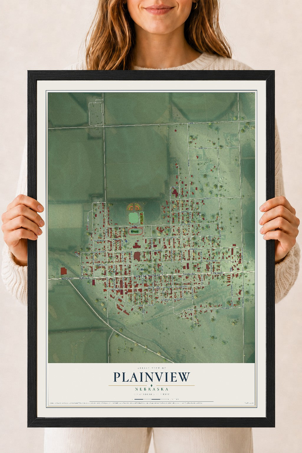 Map of Plainview, Nebraska, 18 x 24 inch print in a black wood frame