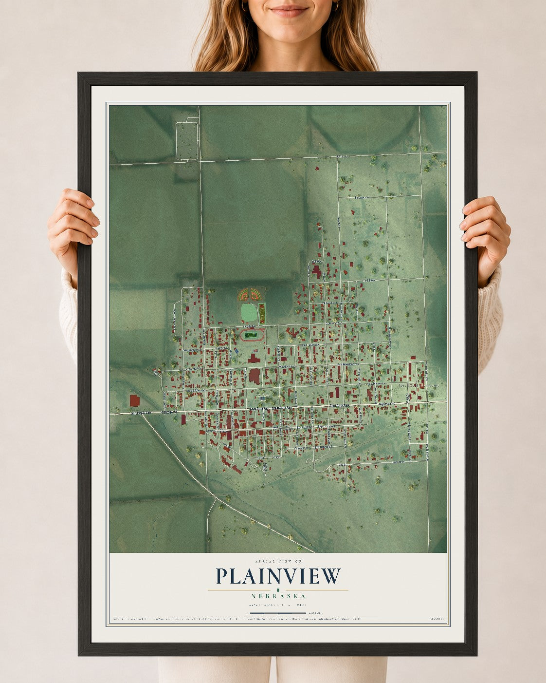 Map of Plainview, Nebraska, 24 x 36 inch print in a black wood frame