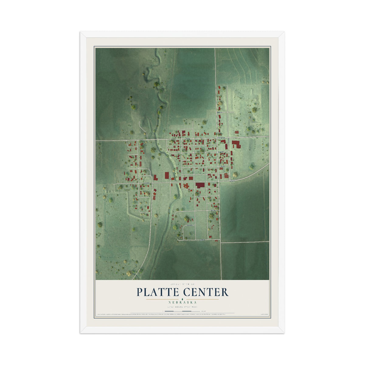Map of Platte Center, Nebraska, 12 x 18 inch print in a white wood frame