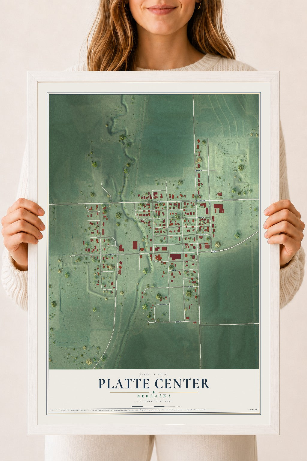 Map of Platte Center, Nebraska, 18 x 24 inch print in a white wood frame