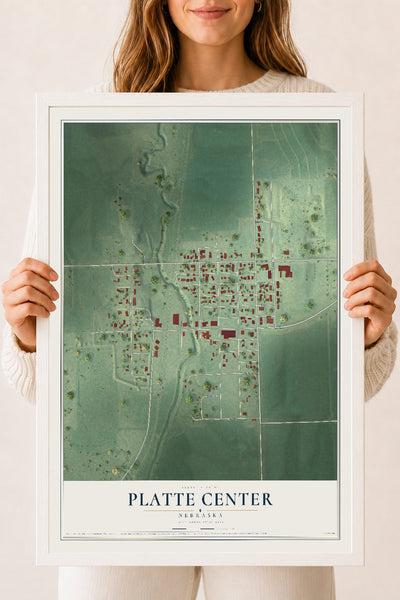 Map of Platte Center, Nebraska, 18 x 24 inch print in a white wood frame
