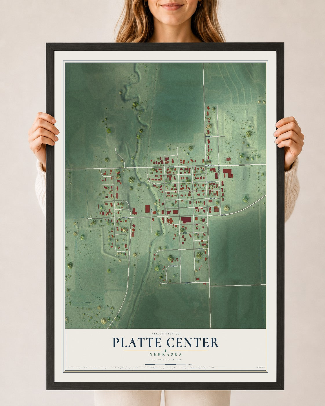 Map of Platte Center, Nebraska, 24 x 36 inch print in a black wood frame