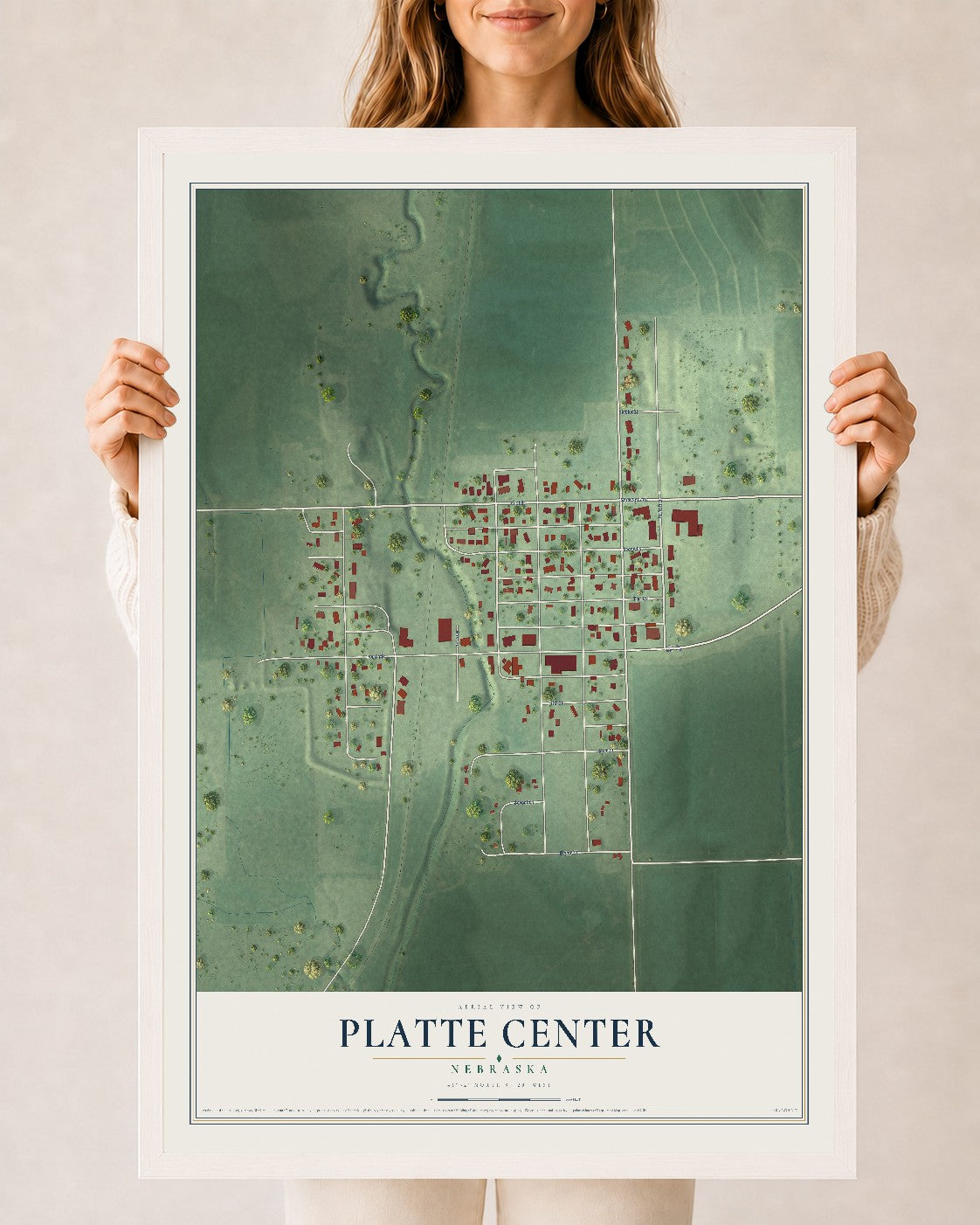 Map of Platte Center, Nebraska, 24 x 36 inch print in a white wood frame