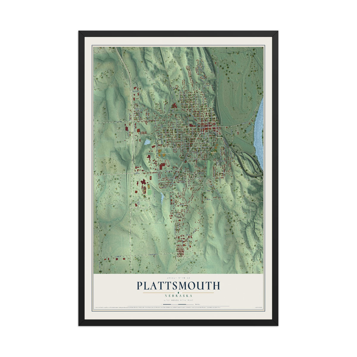 Map of Plattsmouth, Nebraska, 12 x 18 inch print in a black wood frame