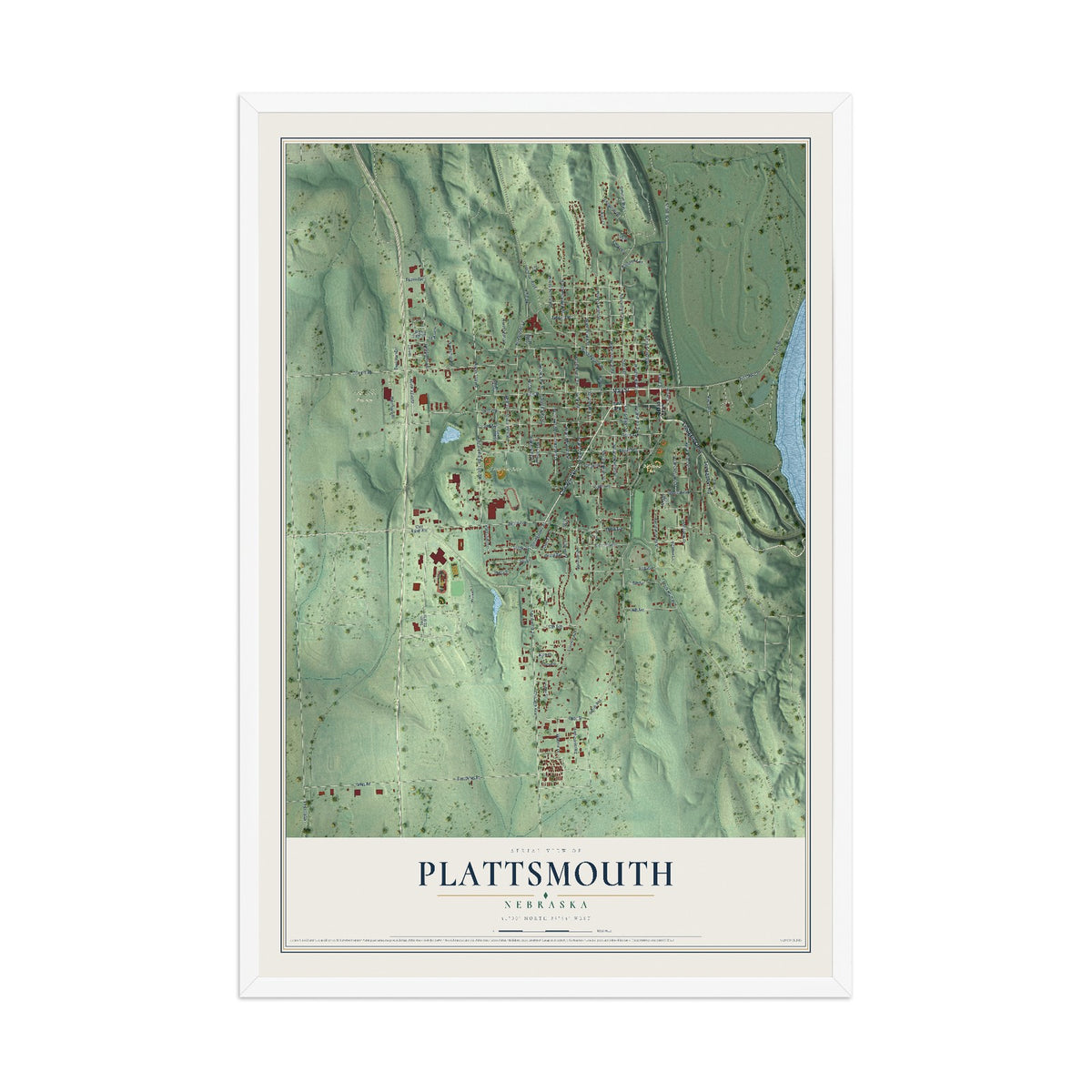 Map of Plattsmouth, Nebraska, 12 x 18 inch print in a white wood frame